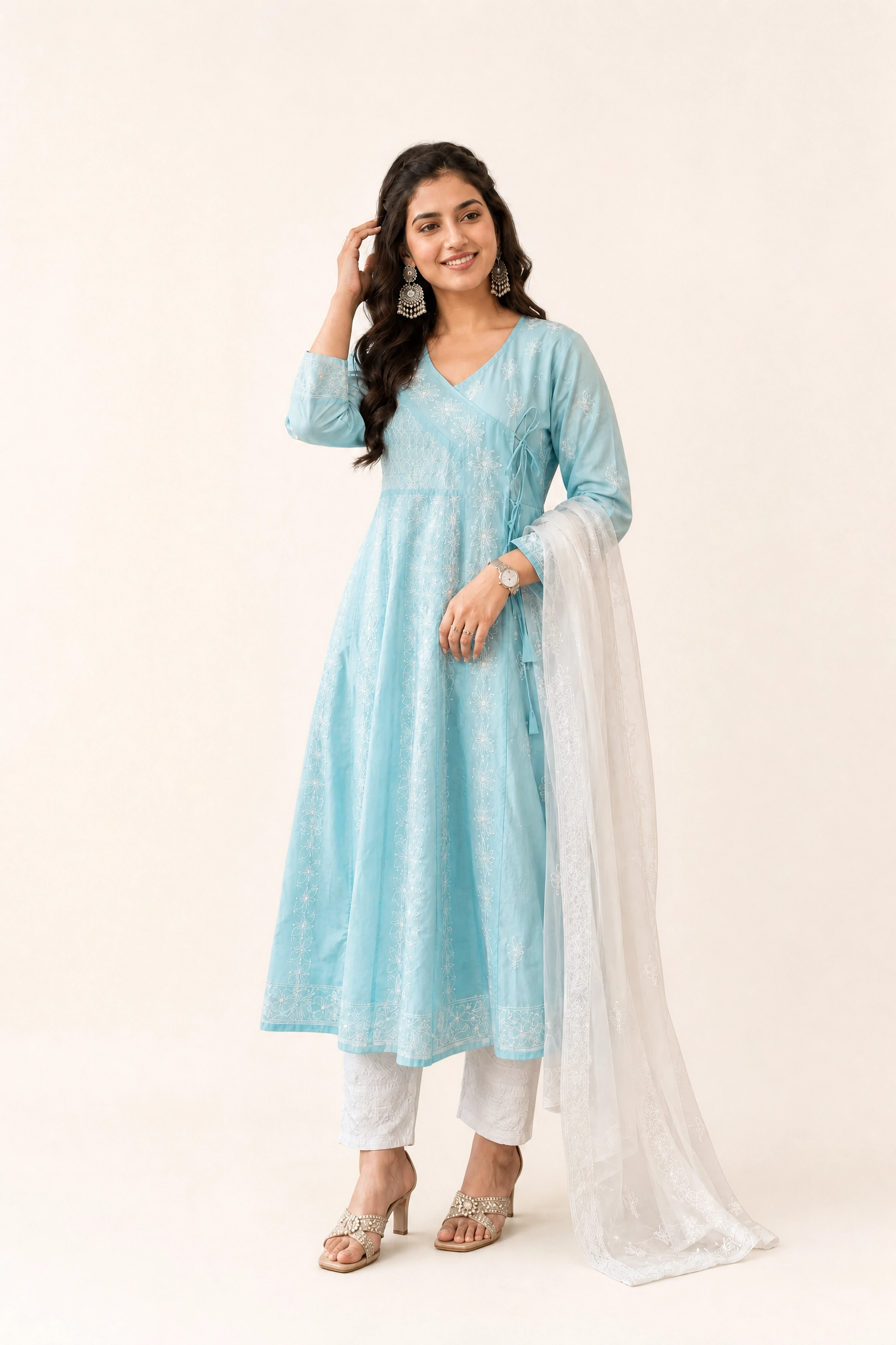 Karigiri Candy Pink Hand Embroidered Lucknowi Chikankari Cotton Anarkali Kurti