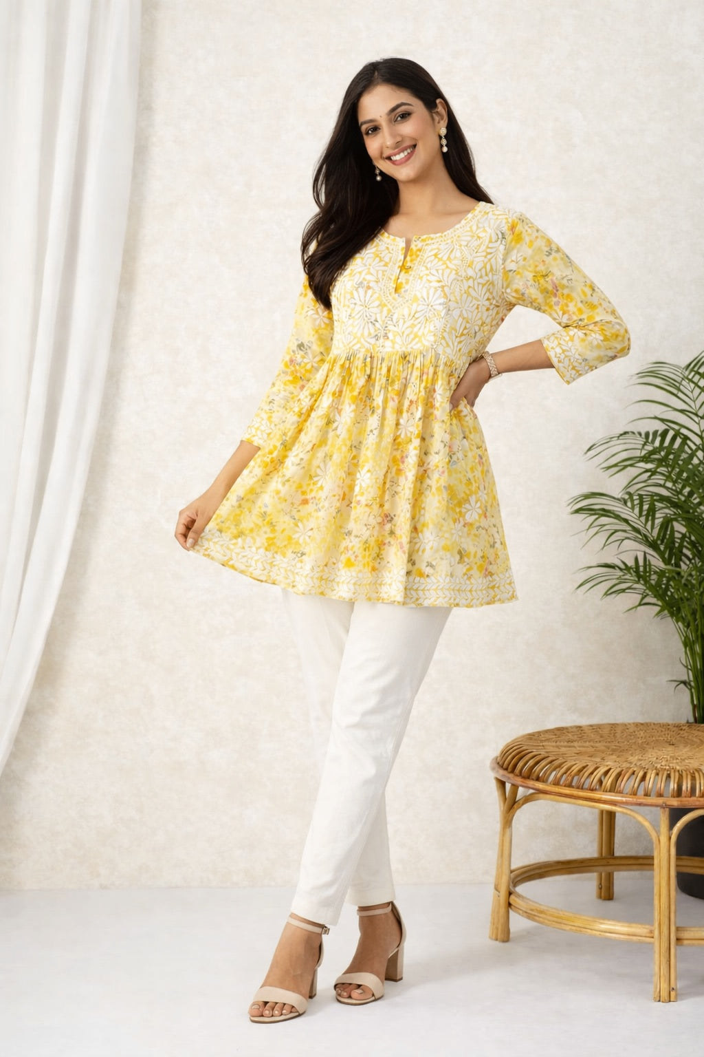 Yellow Karigiri Lucknowi Chikankari Flared Frock Style Short Kurti for Women