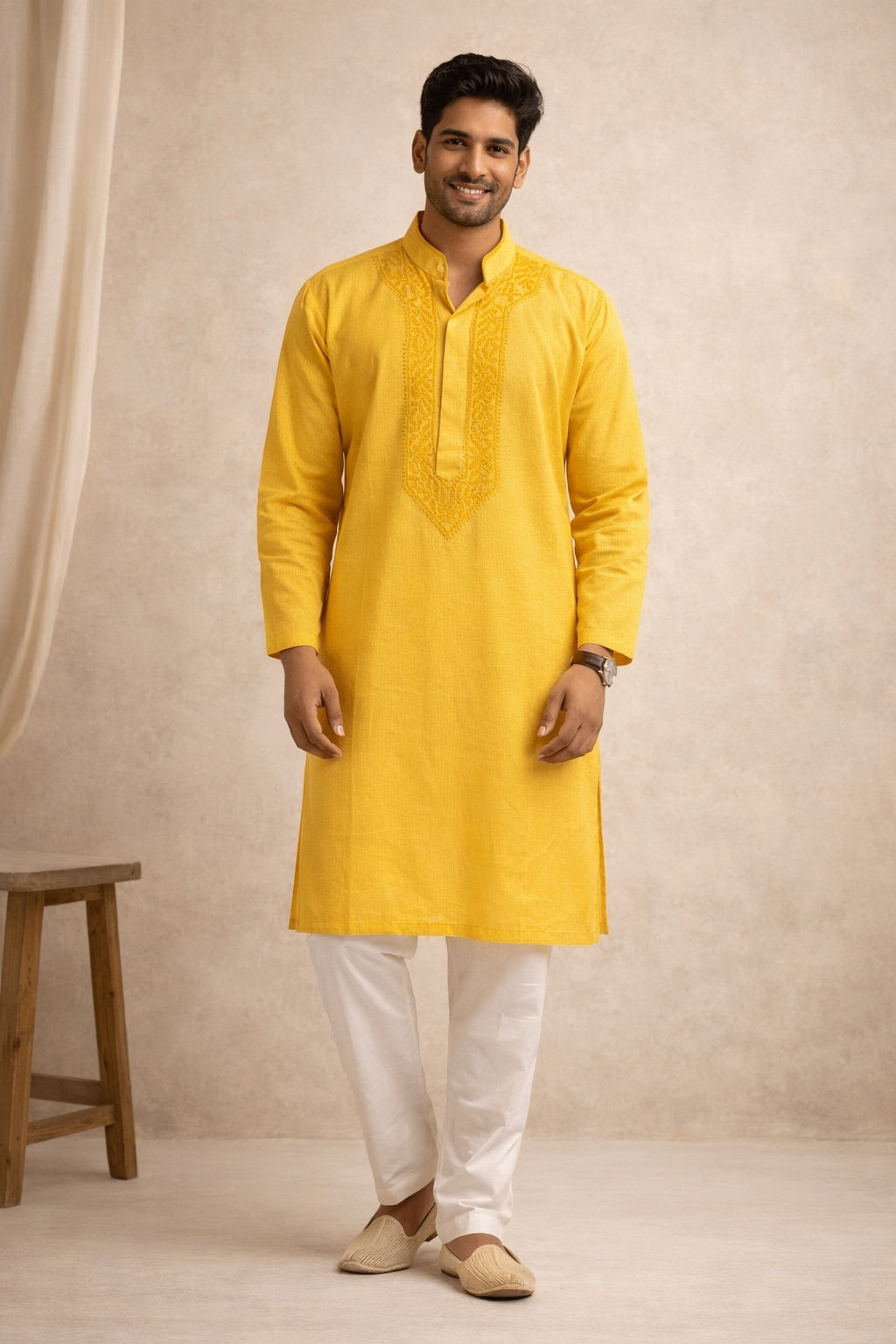 Karigiri Yellow Pure Cotton Lucknowi Chikankari for for Men Kurta Men's Chikan Kurtas