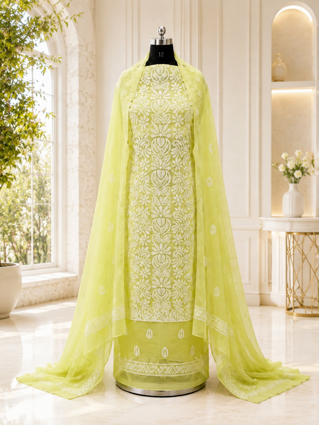 Karigiri Lime Green Chikankari Georgette Dress Material_AFG025