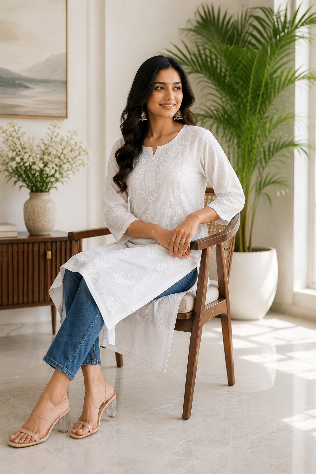 Karigiri White Lucknowi Chikankari Mulmul Cotton Kurti_KF0202