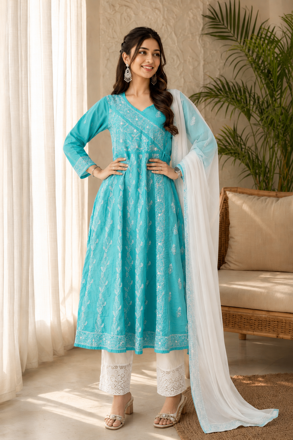Karigiri Aqua Blue Hand Embroidered Chikankari Cotton Anarkali Kurti