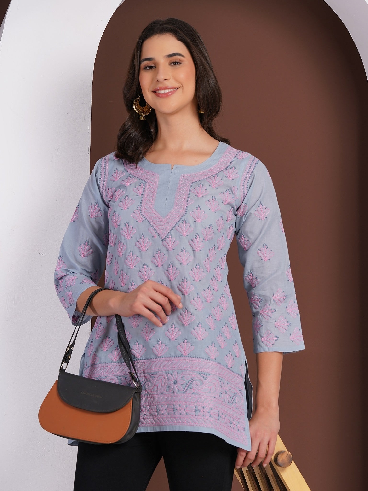 Karigiri Lucknowi Chikankari Hand Embroidered Pure Cotton Gray Short Kurti, 3/4 Sleeve, Ethnic Wear for Women