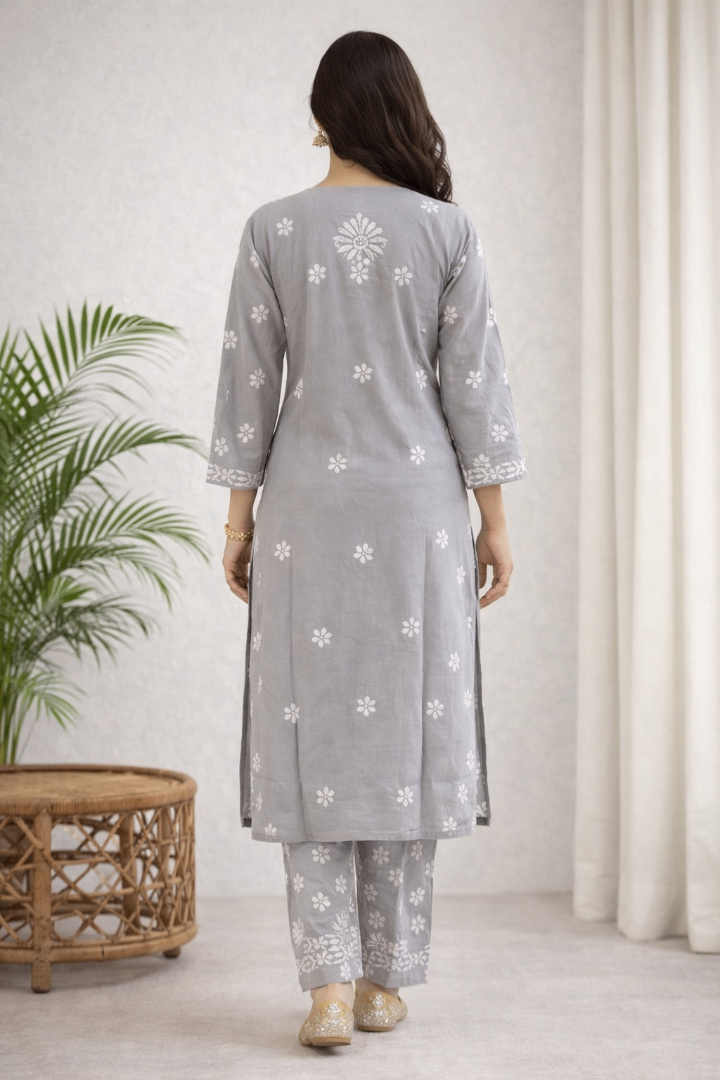 Karigiri Grey Floral Chikankari Kurti Set_KF0031