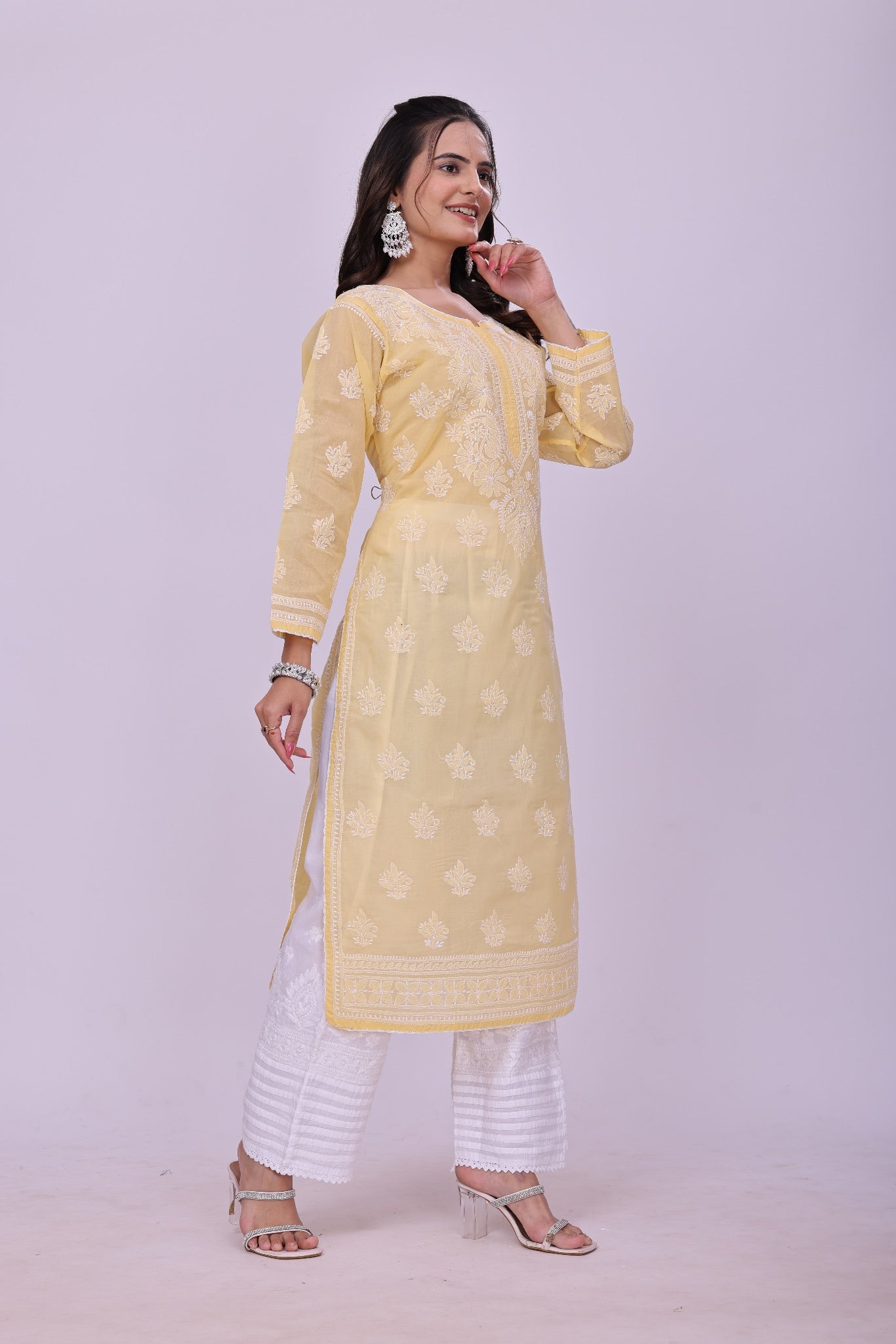 Karigiri Yellow Chikankari Pure Cotton Kurta Women_KF0077