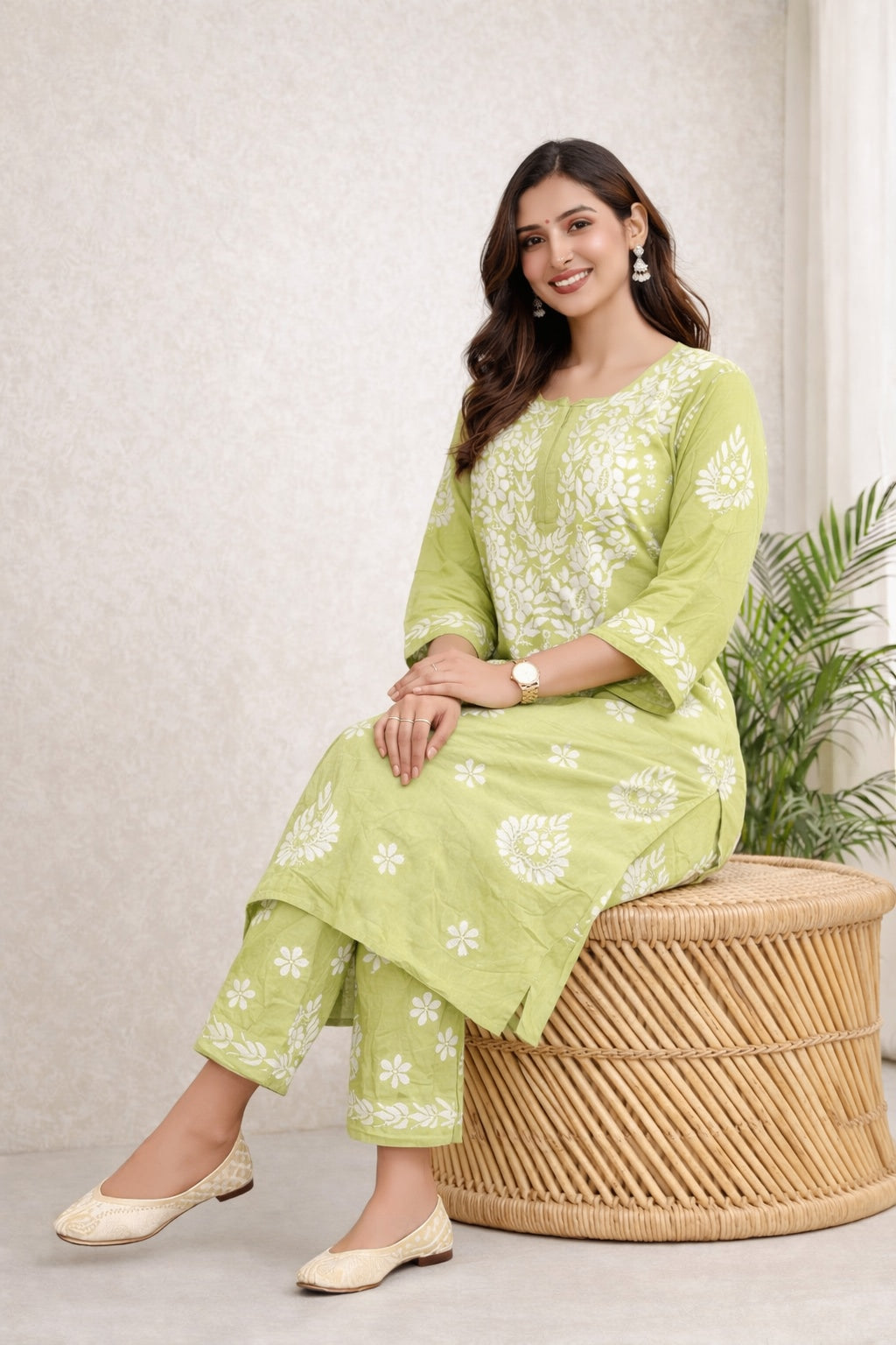 Karigiri Pistachio Green Chikankari Soft Mulmul Cotton Kurti Set_KF0155