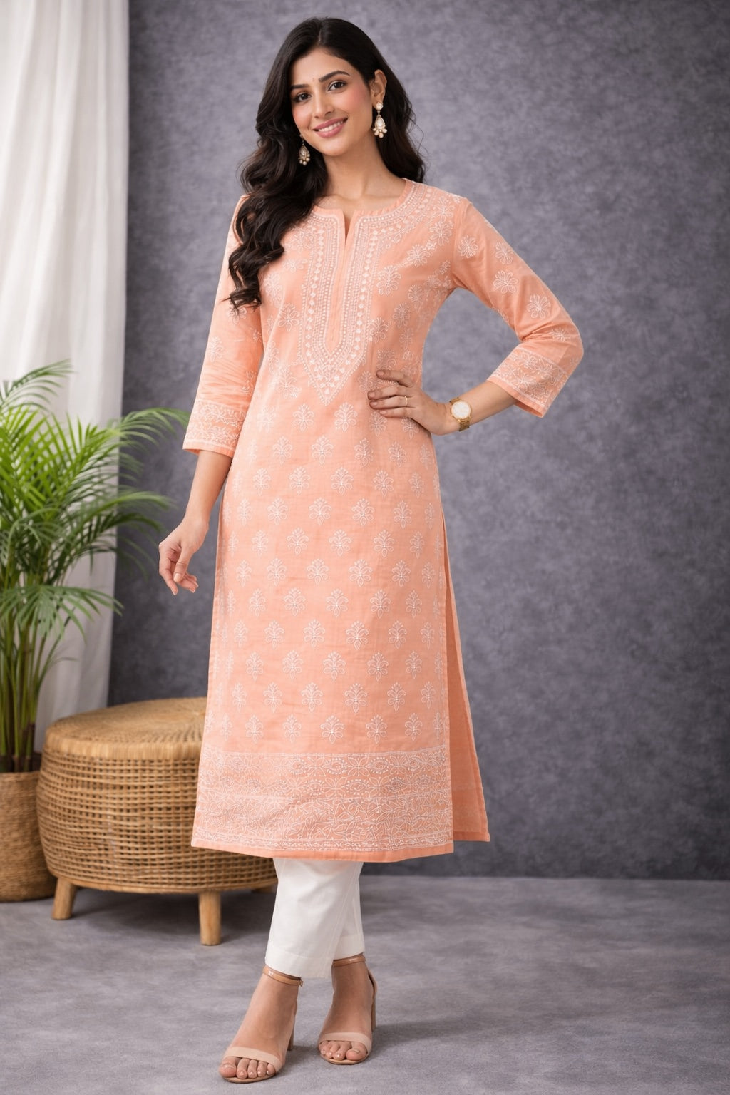Karigiri Women’s Pure Soft Cotton Kurti, Peach with Lucknowi Chikankari Embroidery, Straight Fit, Round Neck, 3/4 Sleeves