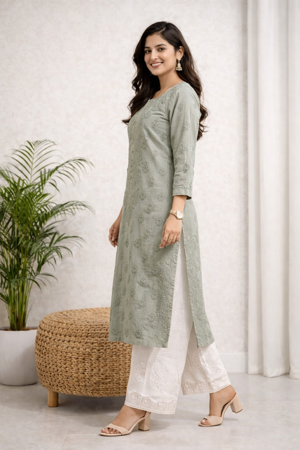 Karigiri Sage Green Chikankari Rayon Cotton Kurti_KF0099