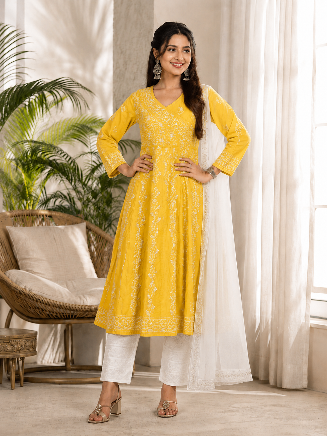 Karigiri Sunshine Yellow Hand Embroidered Chikankari Cotton Anarkali Kurti