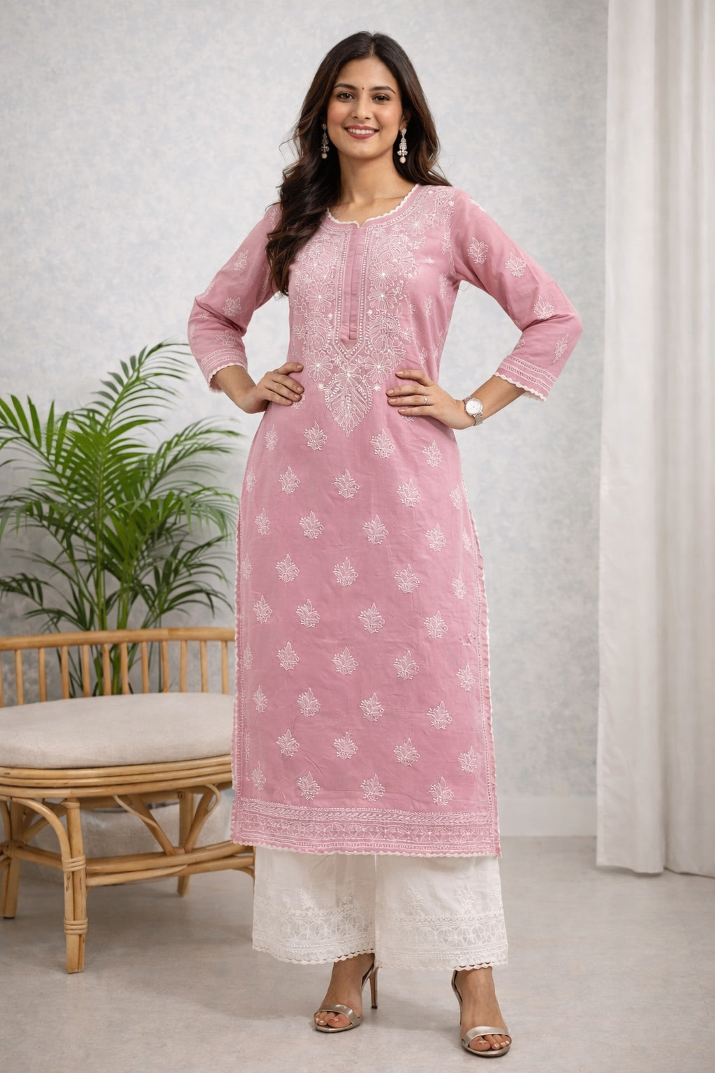 Karigiri Blush Pink Chikankari Cotton Kurti_KF0022