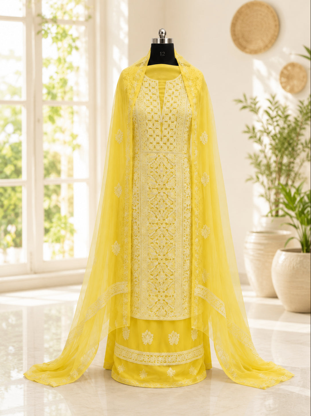 Karigiri Lemon Yellow Hand Embroidered Georgette Chikankari_AFG028