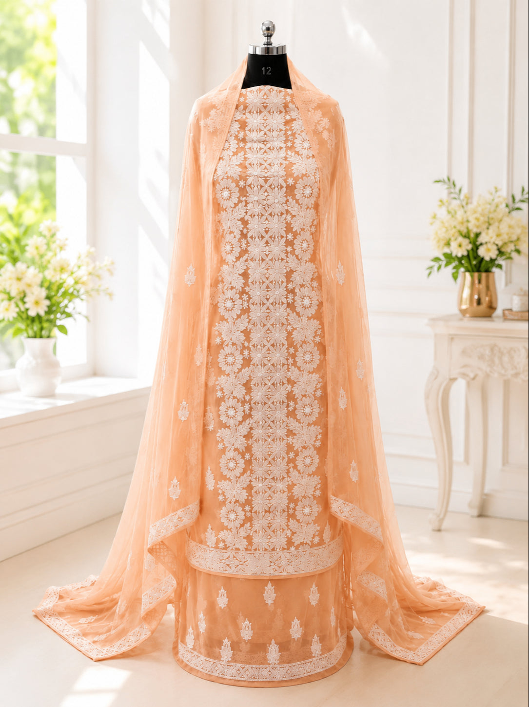Karigiri Soft Peach Hand Embroidered Georgette Suit Set_AFG011
