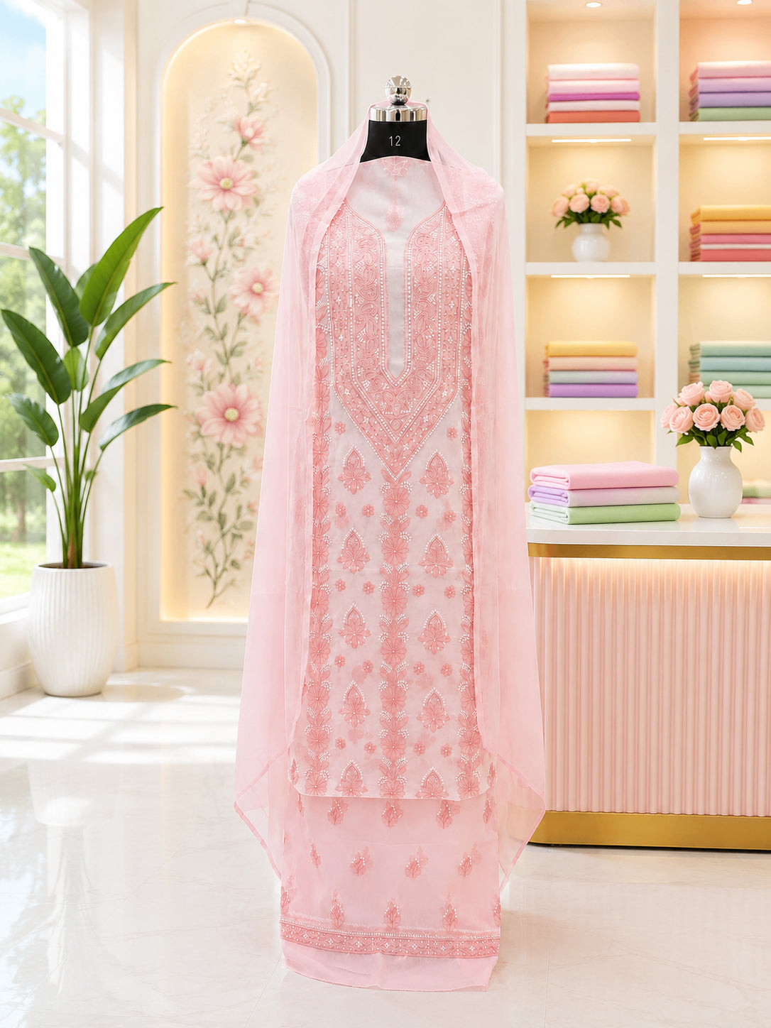 Karigiri Blush Pink Hand Embroidered Cotton Dress Material_AFC014