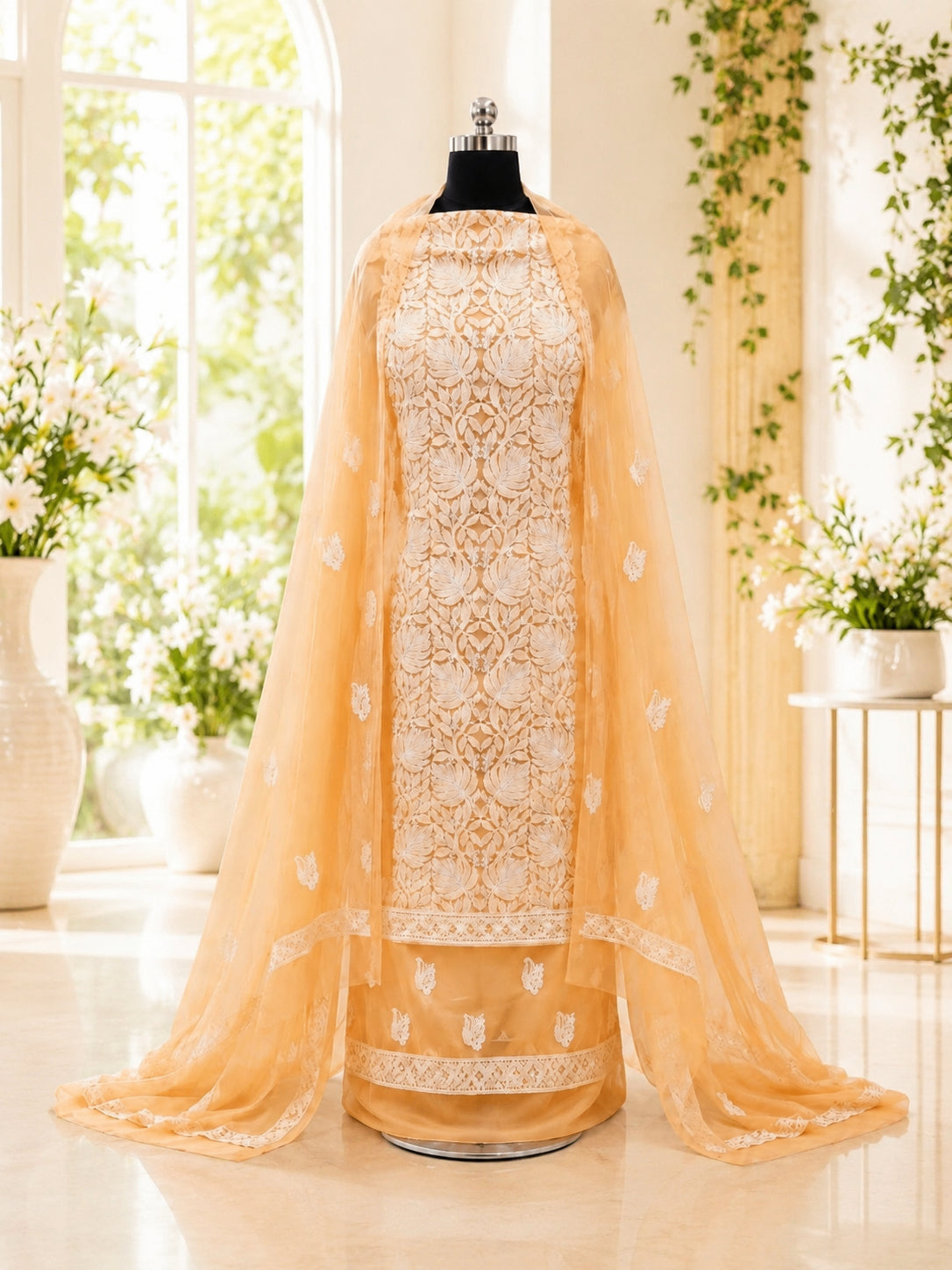 Karigiri Pastel Peach Hand Embroidered Georgette Suit_AFG019