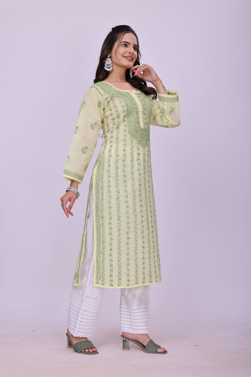 Karigiri Lemon Yellow Chikankari Cotton Kurta_KF0096