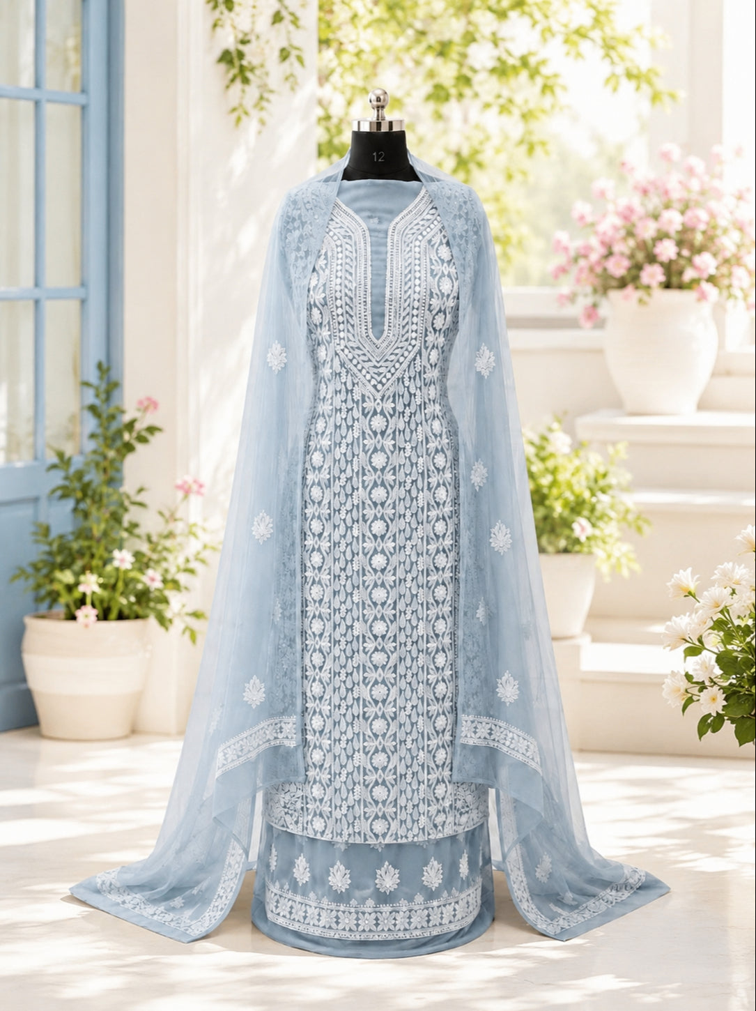 Karigiri Ice Blue Hand Embroidered Georgette Chikankari Suit_AFG035
