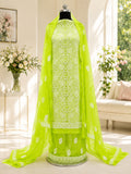 Karigiri Neon Lime Hand Embroidered Georgette Dress Material_AFG020