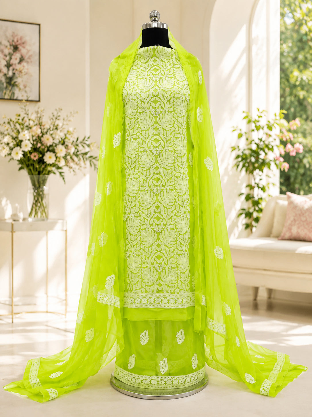 Karigiri Neon Lime Hand Embroidered Georgette Dress Material_AFG020