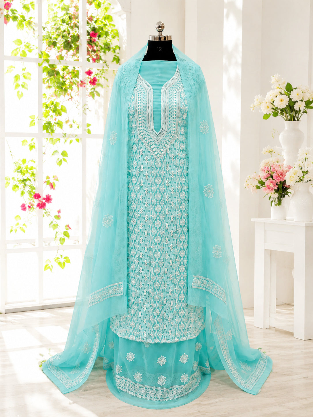 Karigiri Aqua Blue Hand Embroidered Georgette 3-Piece Set_AFG017