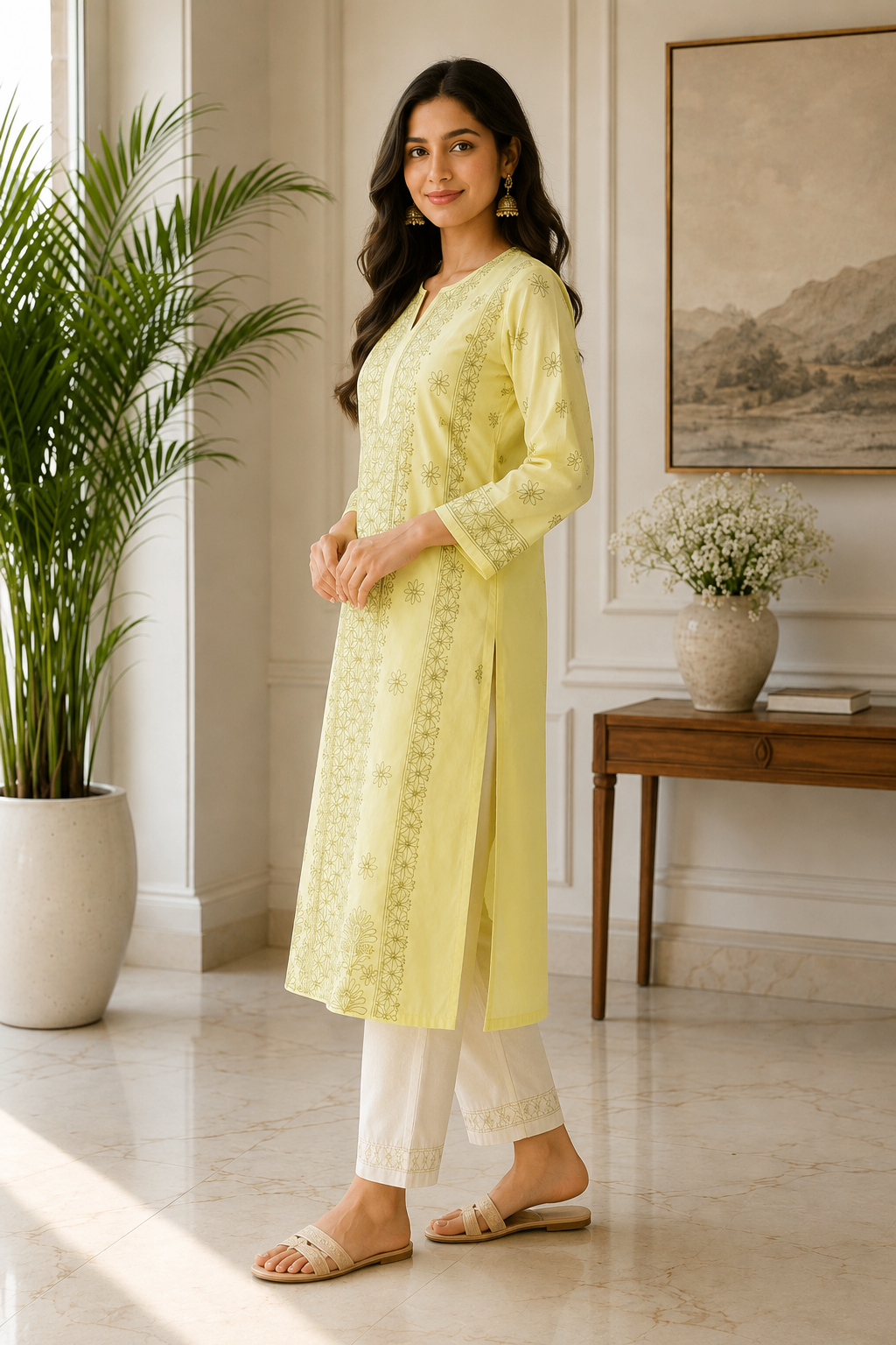 Karigiri Lemon Yellow Chikankari Cotton Kurti_KF0114