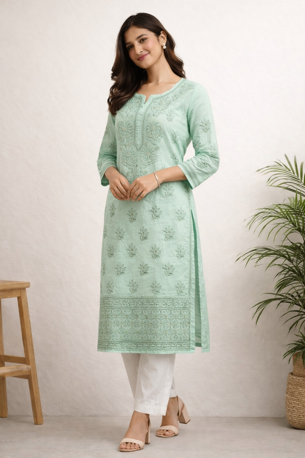Karigiri Mint Green Chikankari Pure Cotton Kurti Women_KF0090