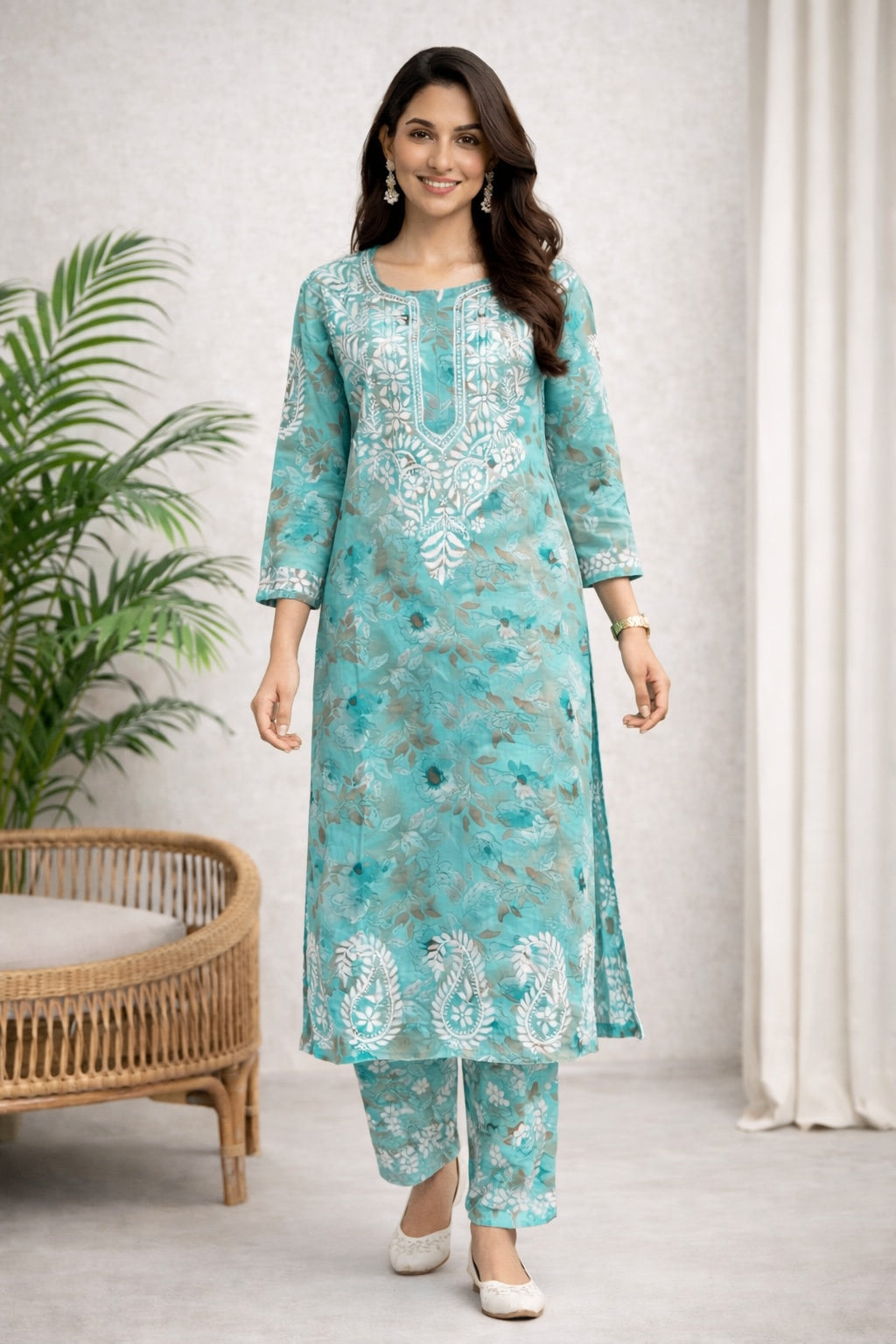 Karigiri Sea Green Floral Chikankari Kurti Set Printed Cotton_KF0166