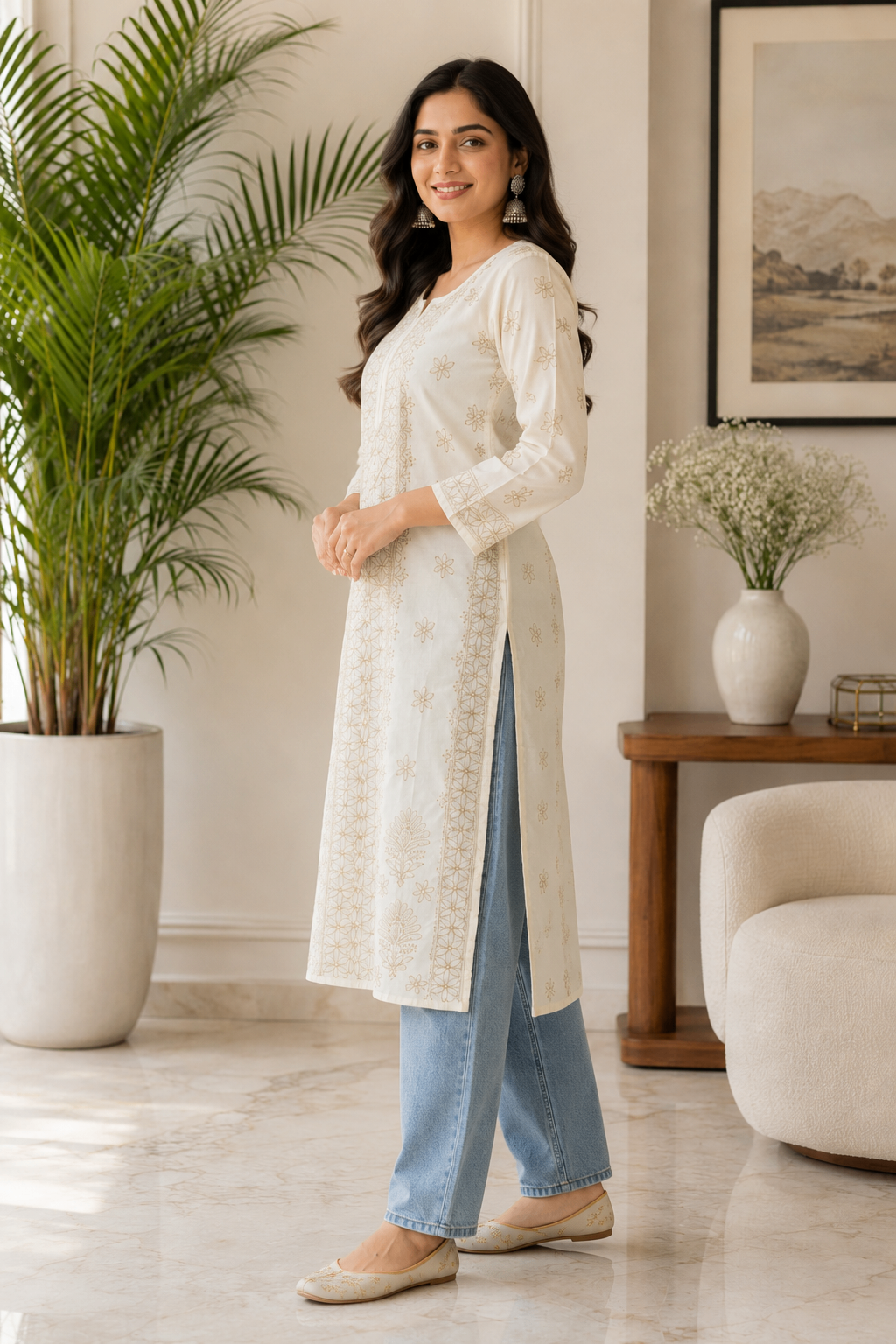 Karigiri Off-White Chikankari Cotton Long Kurti_KF0135