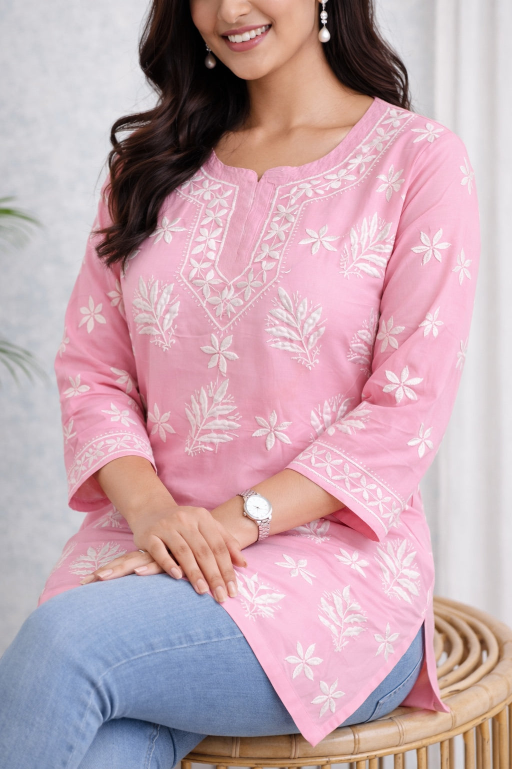 Karigiri Pink Chikankari Rayon Short Kurti Women_KF0153