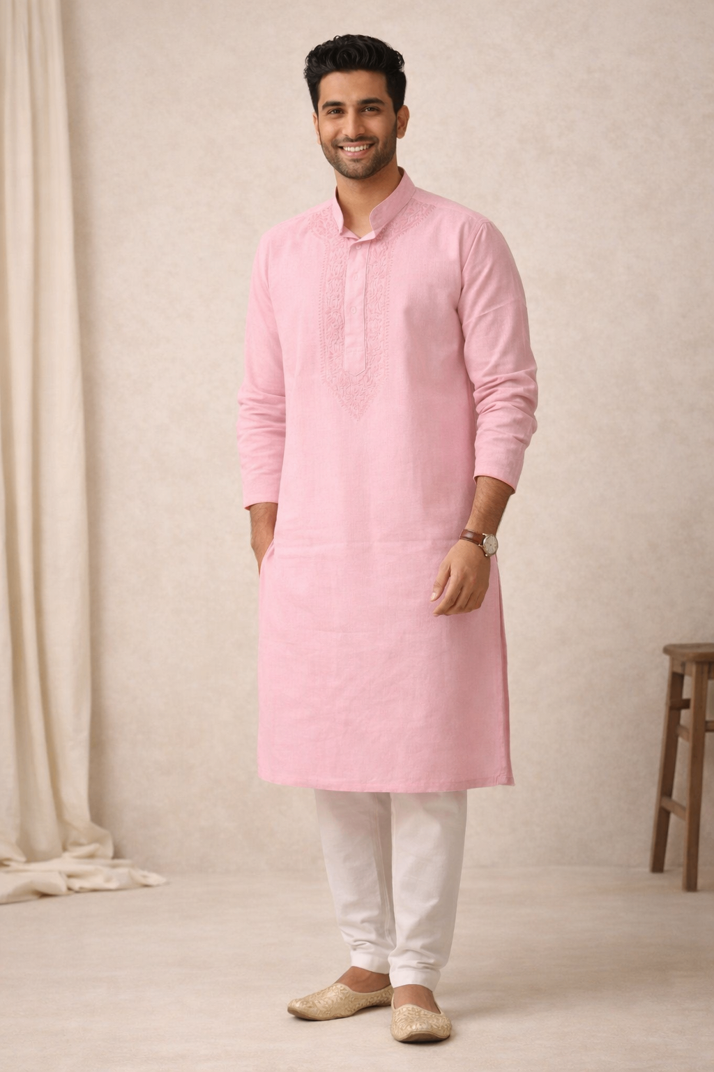 Karigiri Baby Pink Chikankari Pure Cotton Kurta Men_KF0004