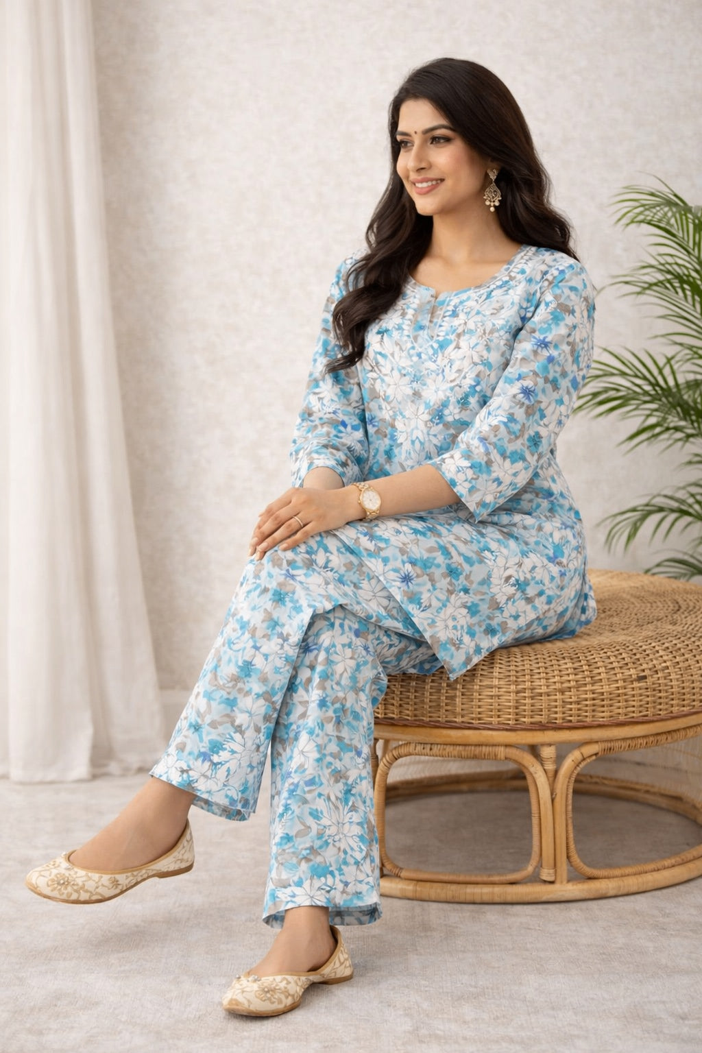 Karigiri Sky Blue Chikankari Co-ord Set Women_KF0180