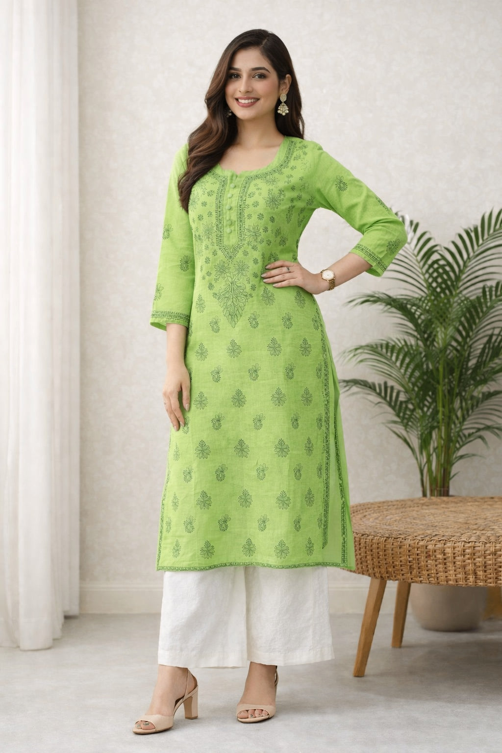 Karigiri Lime Green Pure Cotton Chikankari Kurti_KF0119