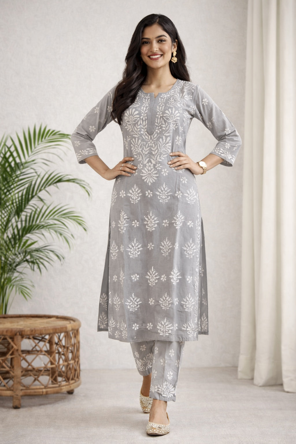 Karigiri Grey Floral Chikankari Kurti Set_KF0031