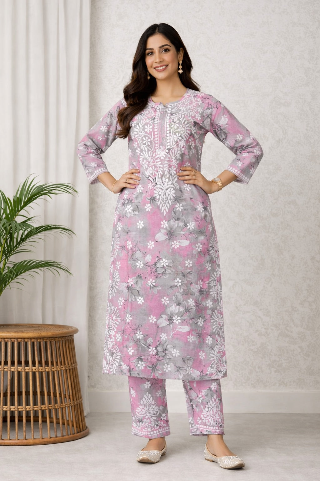 Karigiri Blush Pink Chikankari Cotton Kurti Set_KF0021
