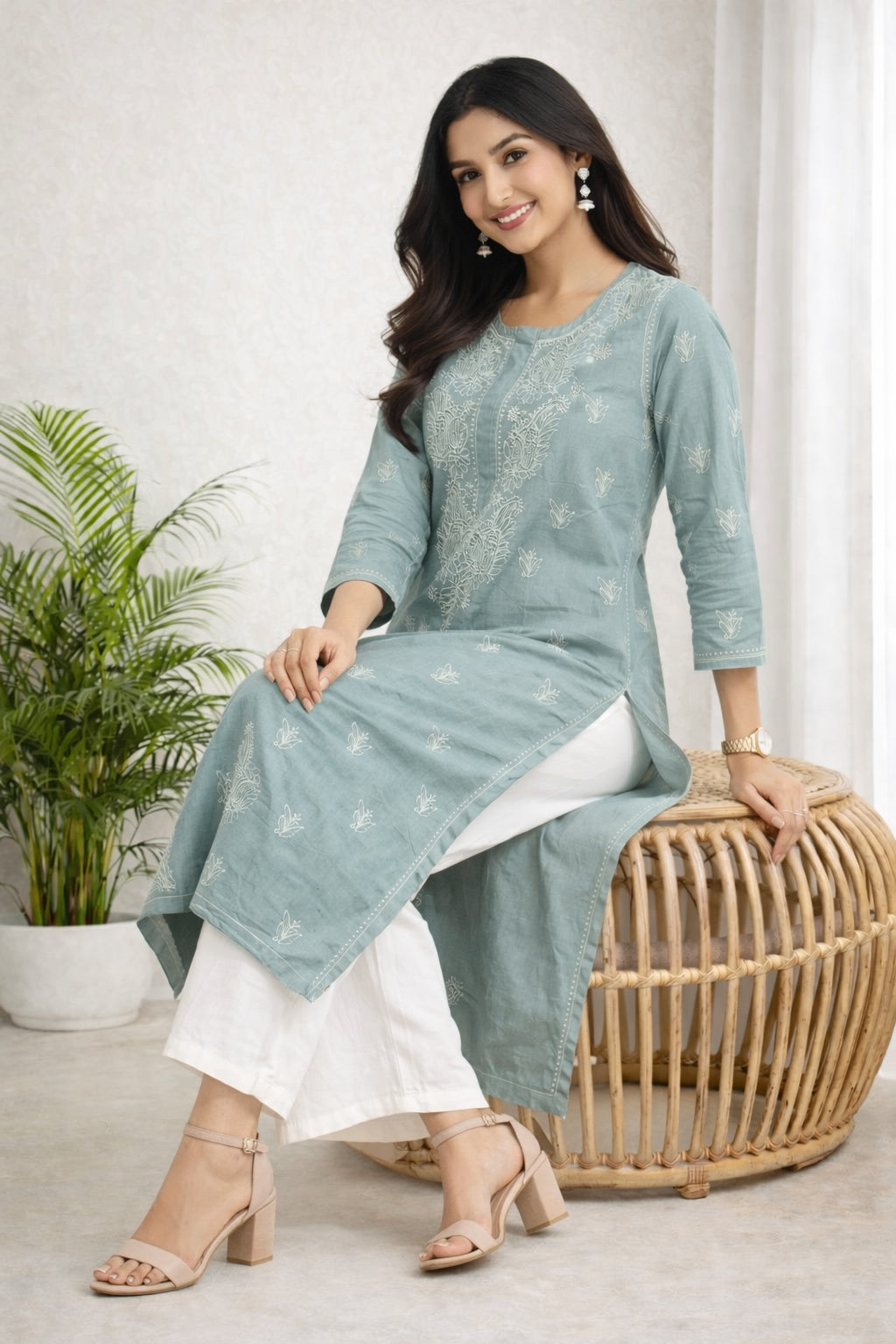 Karigiri Grey Chikankari Cotton Kurti Women_KF0042
