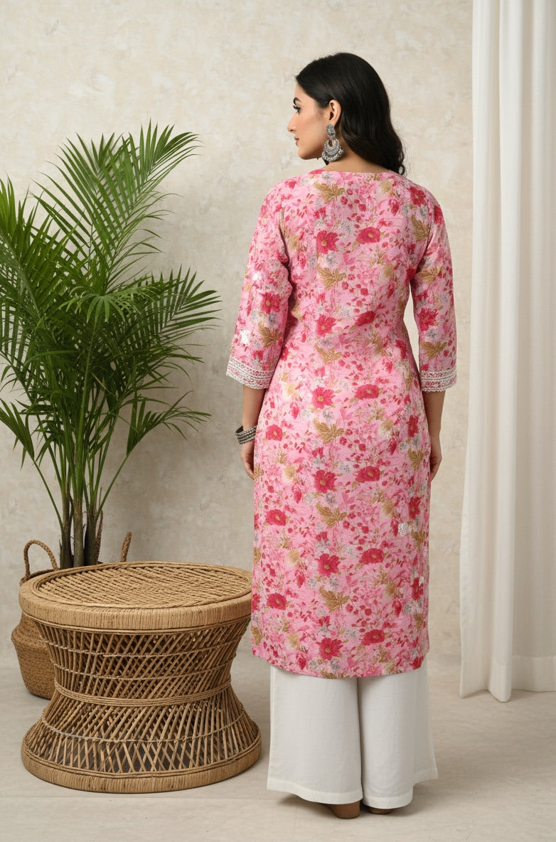 Karigiri Pink Floral Chikankari Printed Cotton Kurta_KF0218