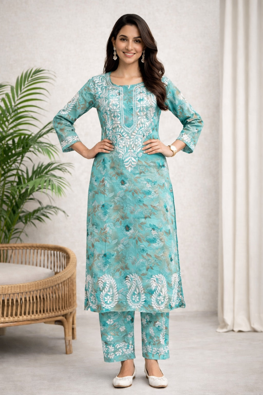 Karigiri Sea Green Floral Chikankari Kurti Set Printed Cotton_KF0166