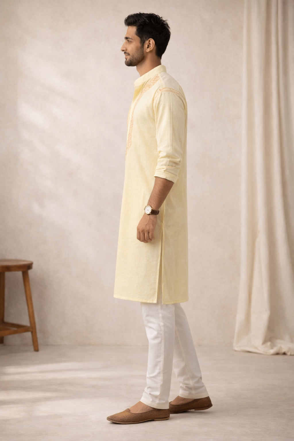 Karigiri Yellow Chikankari Cotton Men's Kurta Full Sleeve_KF0140