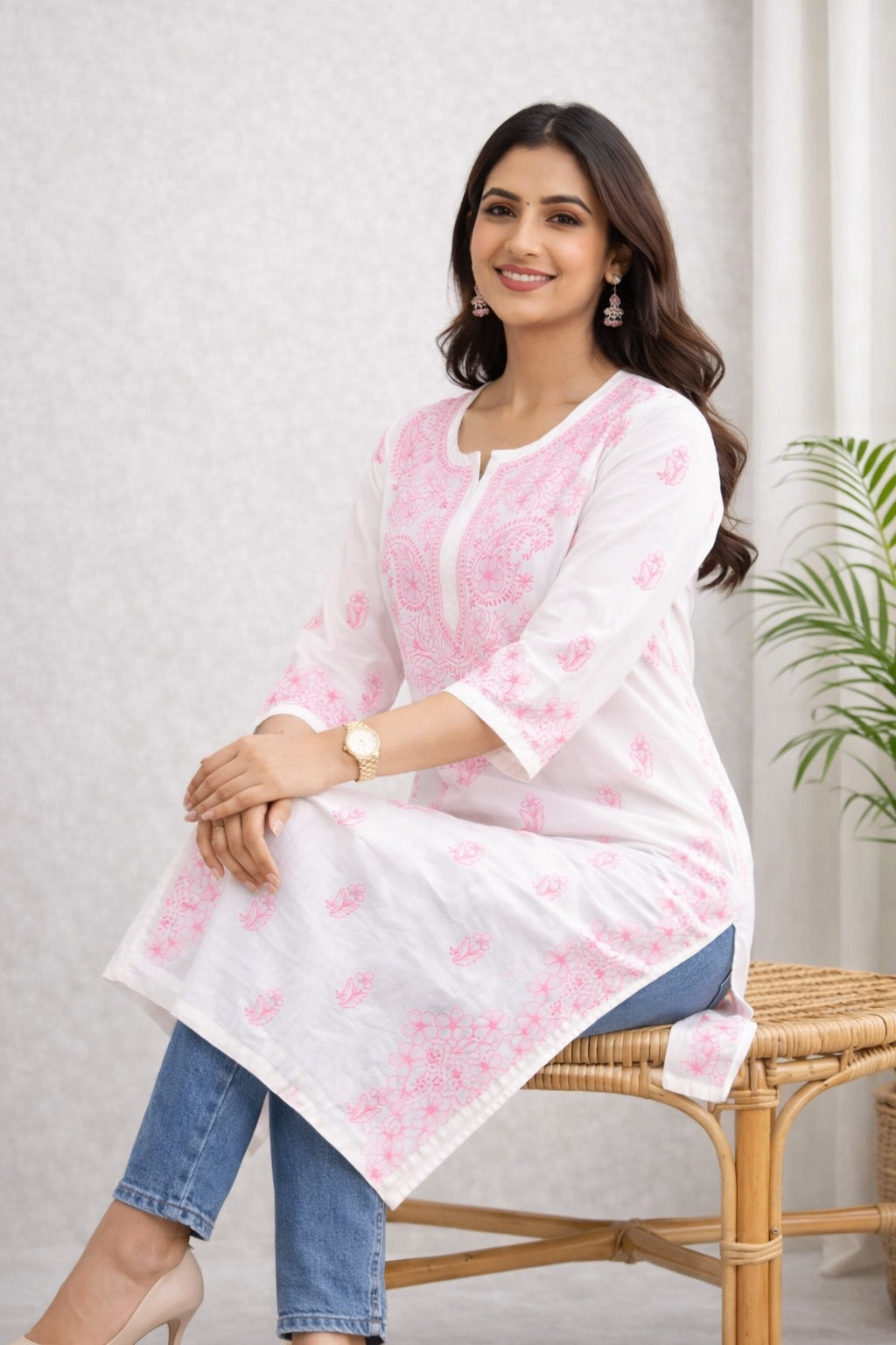 Karigiri White & Pink Chikankari Cotton Kurti_KF0194