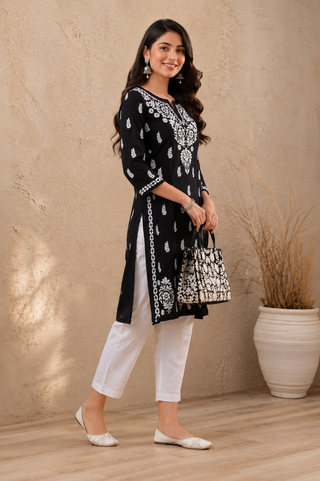 Karigiri Black Lucknowi Chikankari Hand Embroidered Soft Mulmul Cotton Straight Kurti for Women_KFB0412