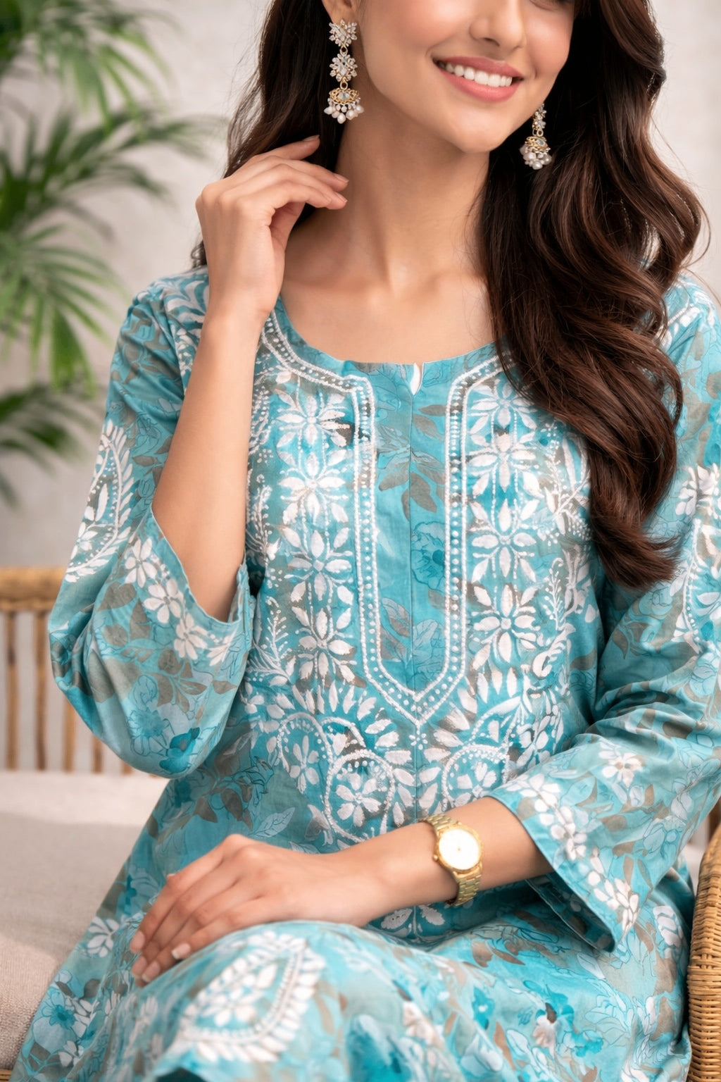 Karigiri Sea Green Floral Chikankari Kurti Set Printed Cotton_KF0166