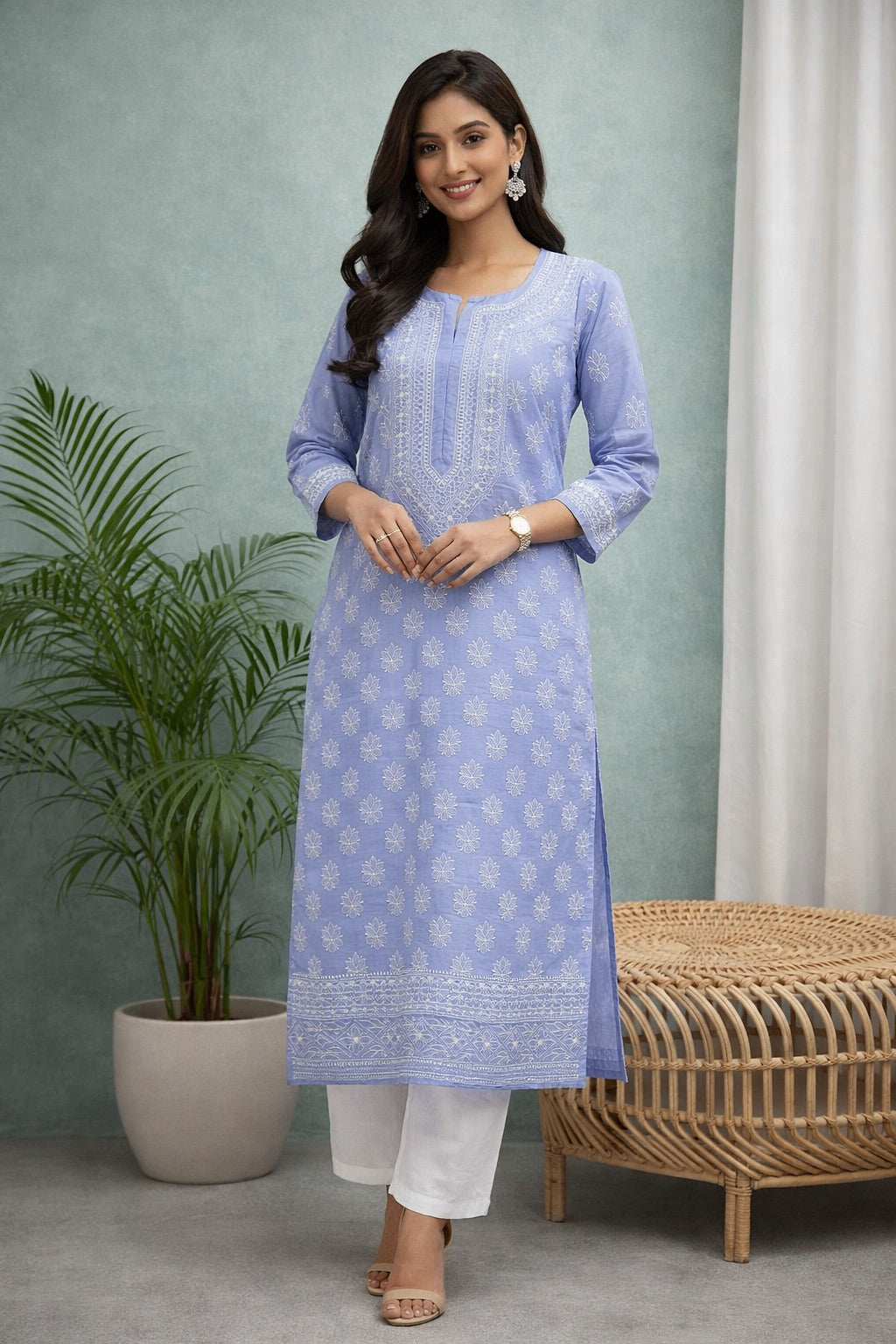 Karigiri Women’s Pure Soft Cotton Kurti, Lavender Blue with Lucknowi Chikankari Embroidery, Straight Fit, Round Neck, 3/4 Sleeves