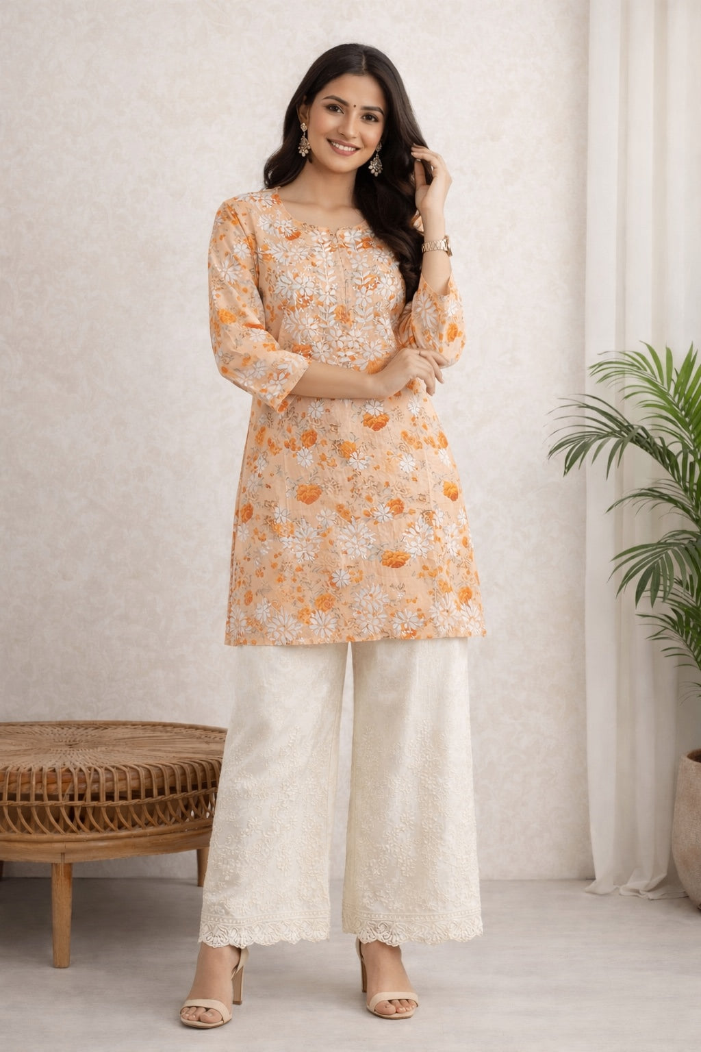 Karigiri Peach Floral Chikankari Printed Cotton Short Kurti_KF0143