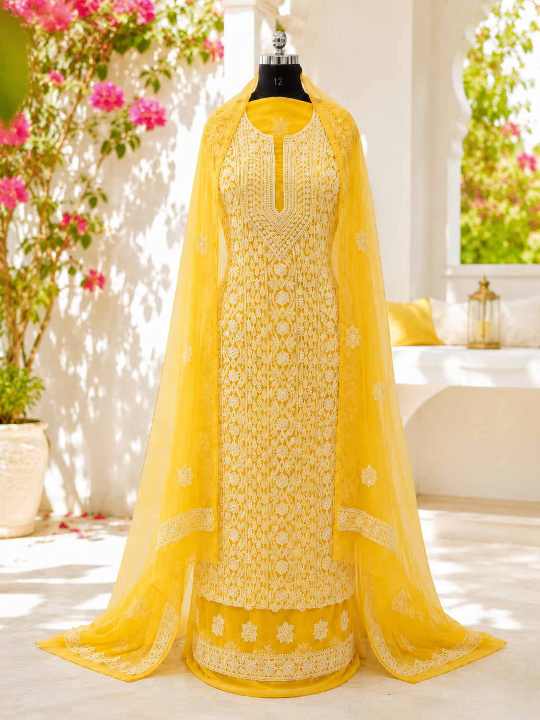 Karigiri Lemon Yellow Hand Embroidered Georgette 3-Piece_AFG029