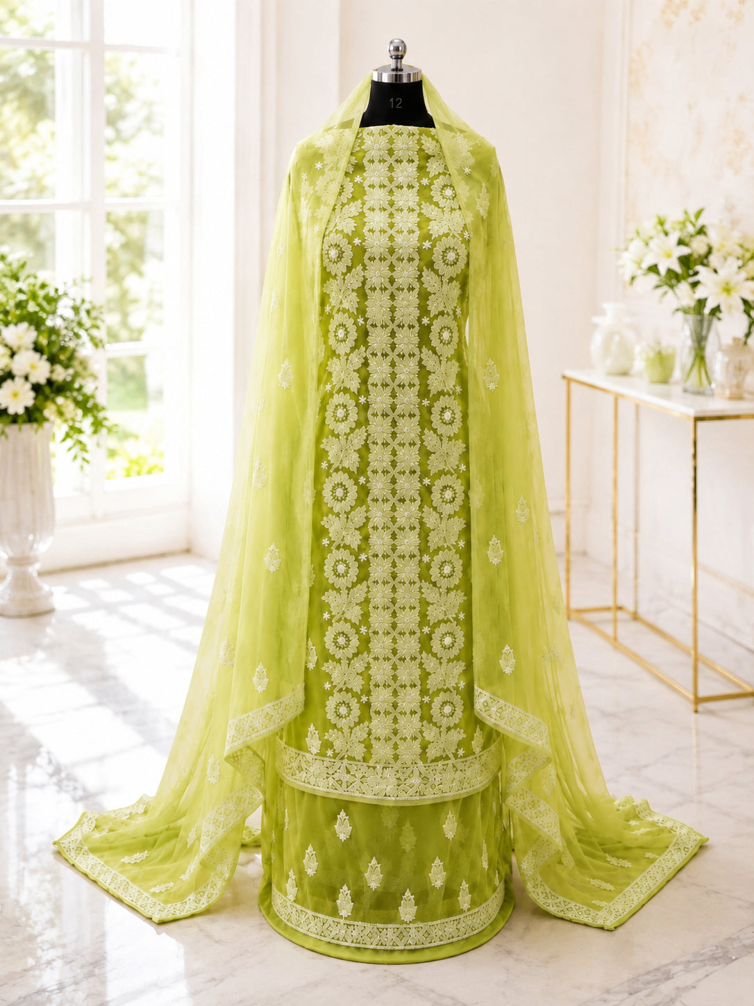 Karigiri Lime Green Hand Embroidered Georgette 3-Piece_AFG026