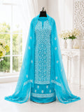 Karigiri Turquoise Blue Hand Embroidered Georgette 3-Piece Dress Material_AFG003