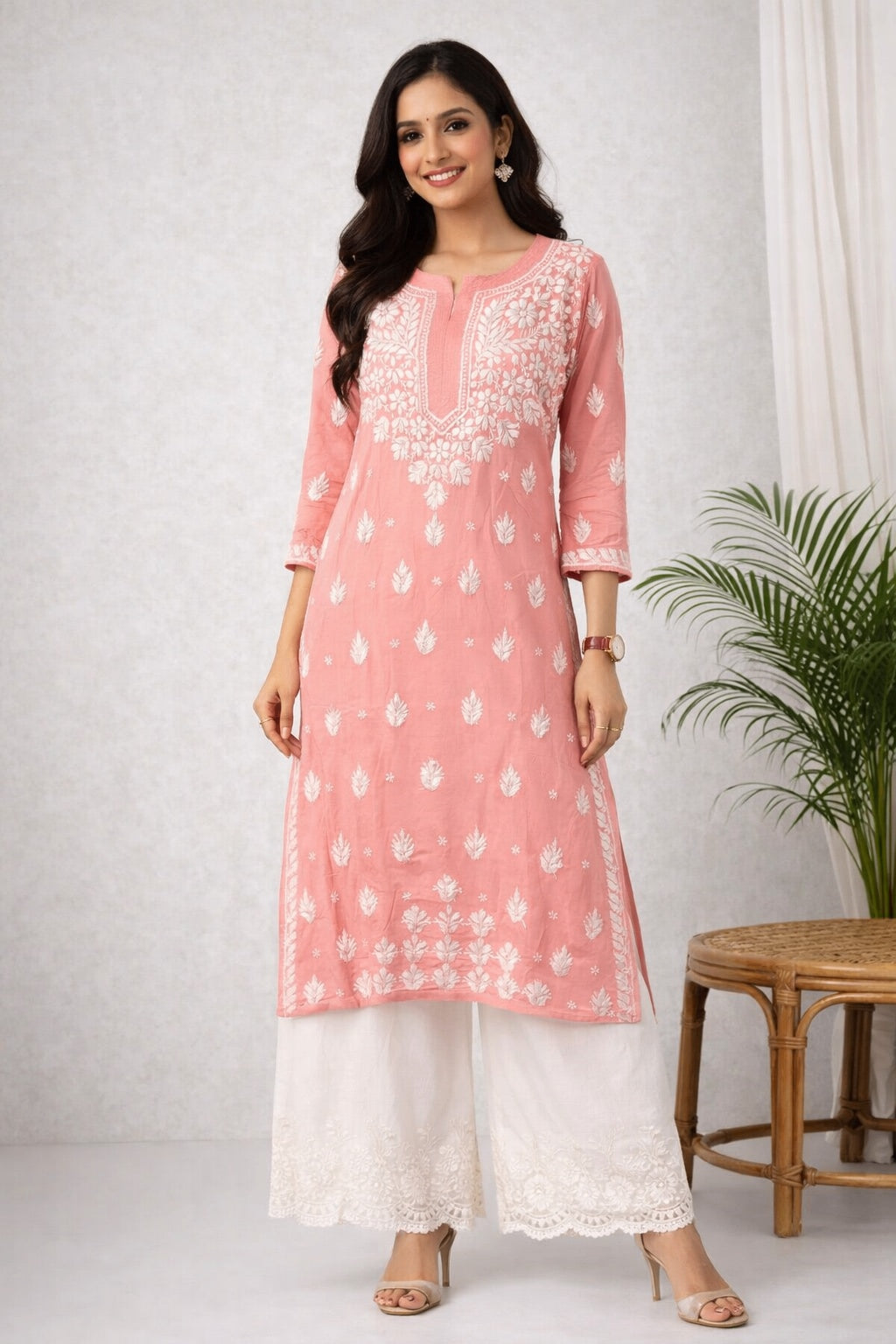 Karigiri Peach Pink Chikankari Cotton Kurti Women_KF0104