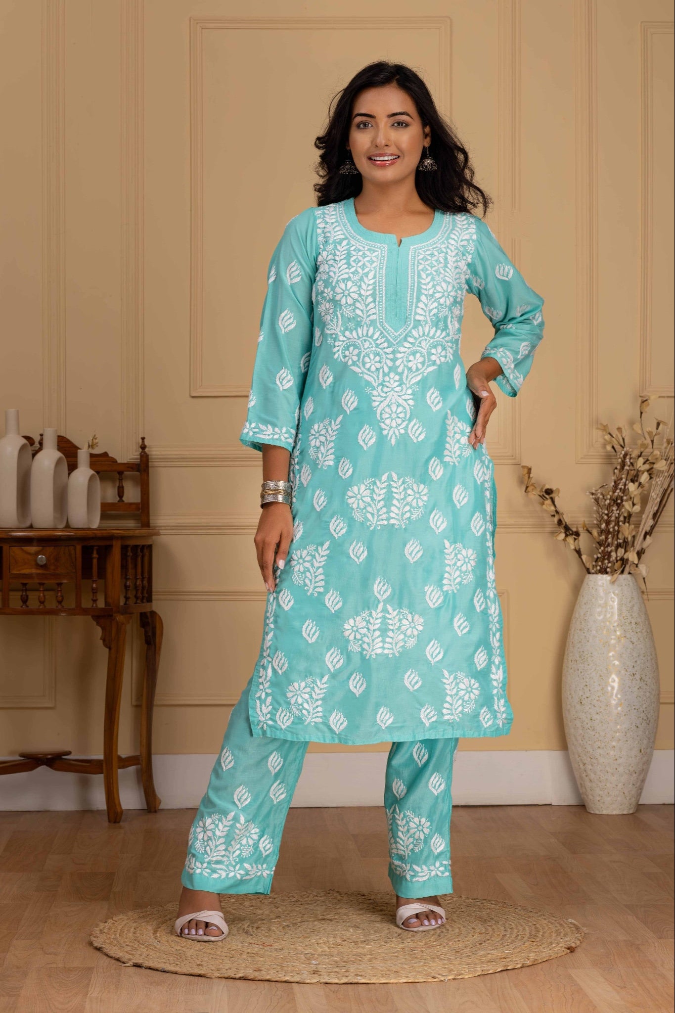 Karigiri Aqua Green Chikankari Hand Embroidered Muslin Kurti Set with White Floral Motifs, 3/4 Sleeves