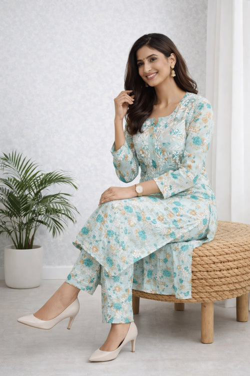 Karigiri Aqua Blue Chikankari Kurti Set Cotton_KF0001