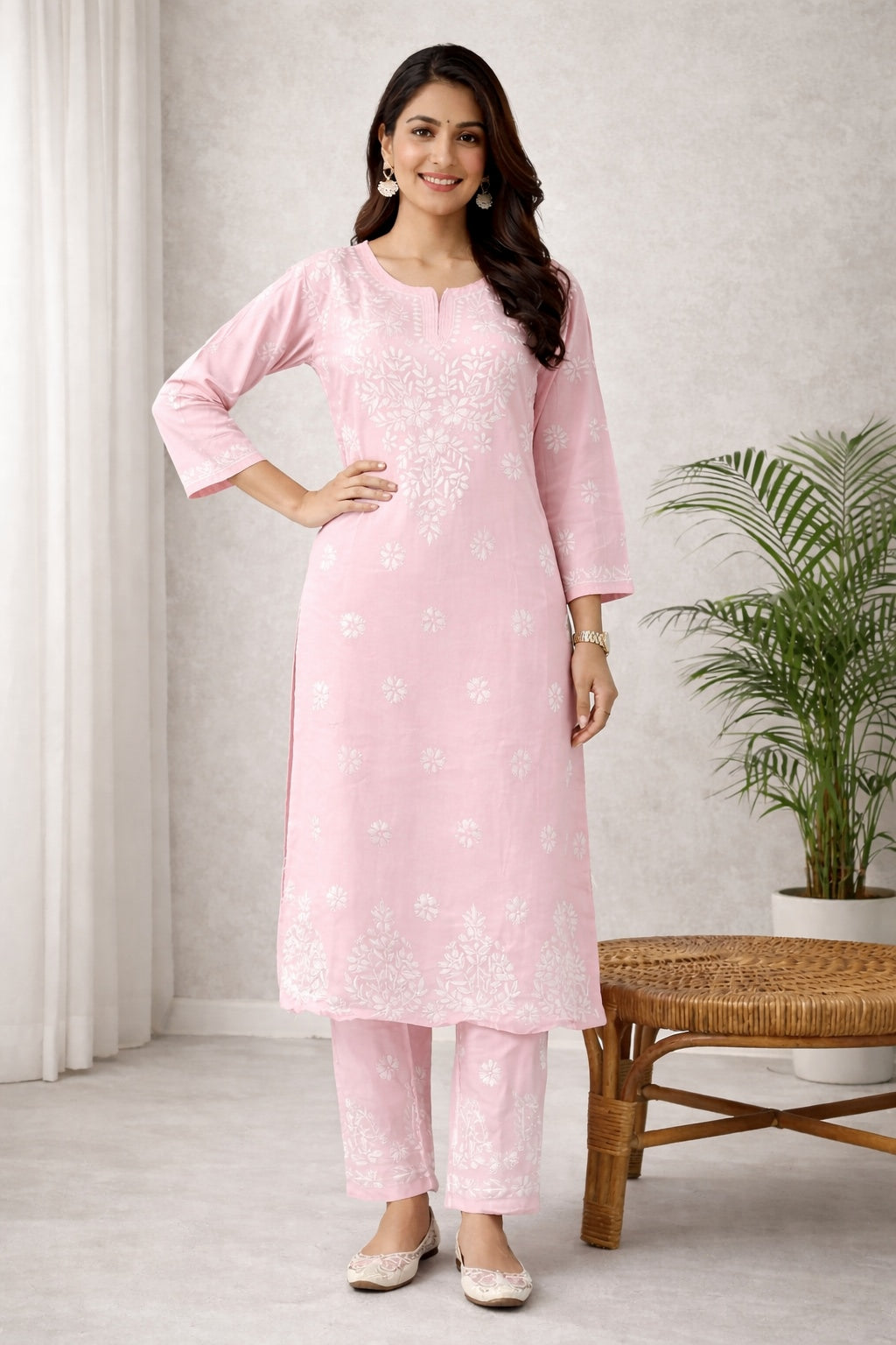 Karigiri Blush Pink Chikankari Cotton Kurti Set_KF0019