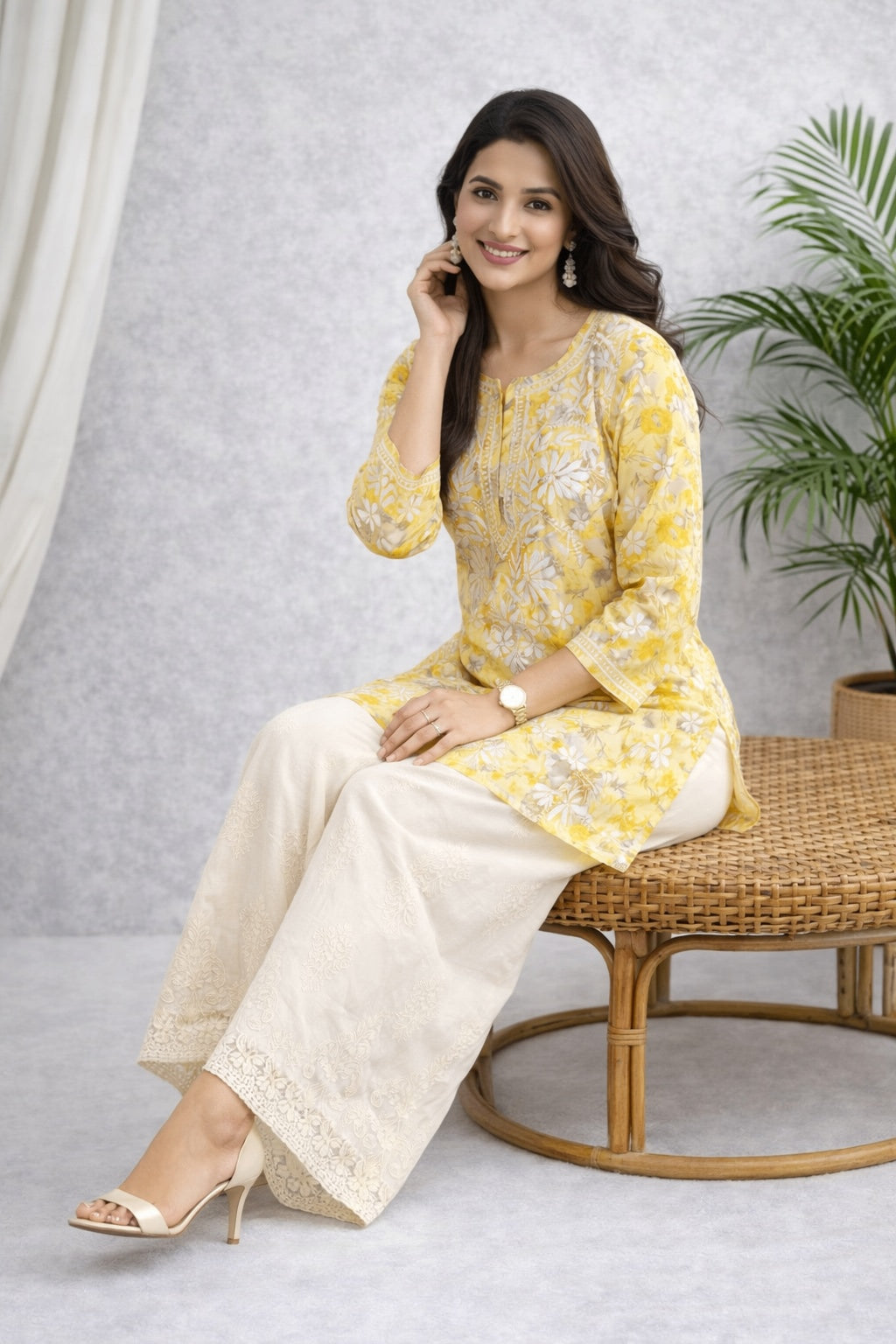 Karigiri Yellow Chikankari Short Kurti for Women_KF0057